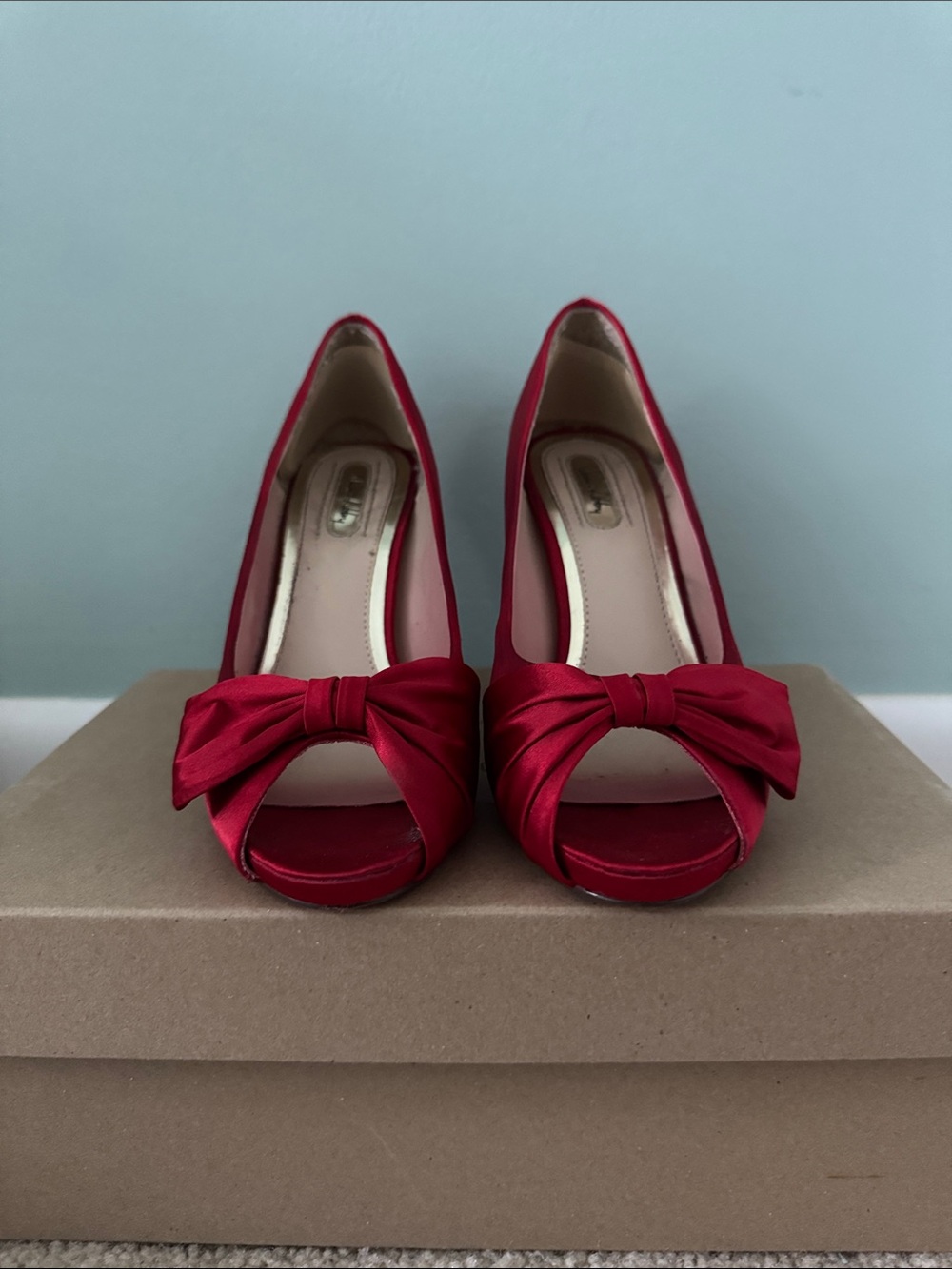 Sam & Libby Red Satin Peep-Toe Heels with Bow Accent